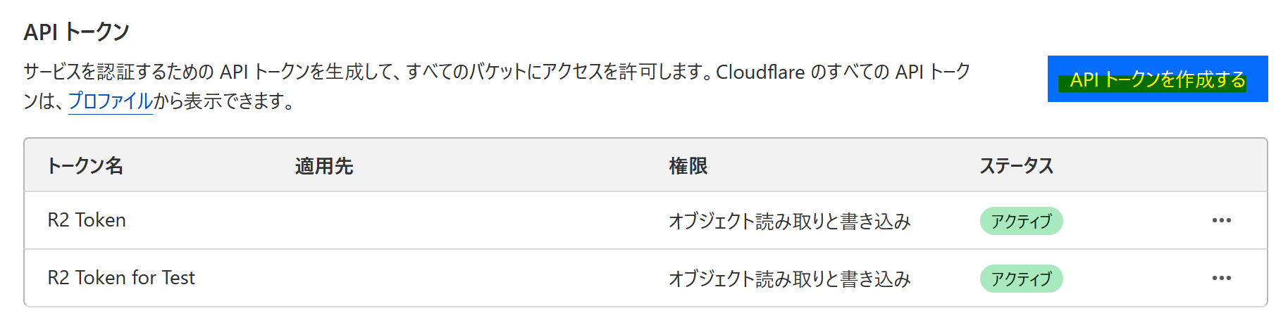 Cloudflare R2 APIトークン一覧